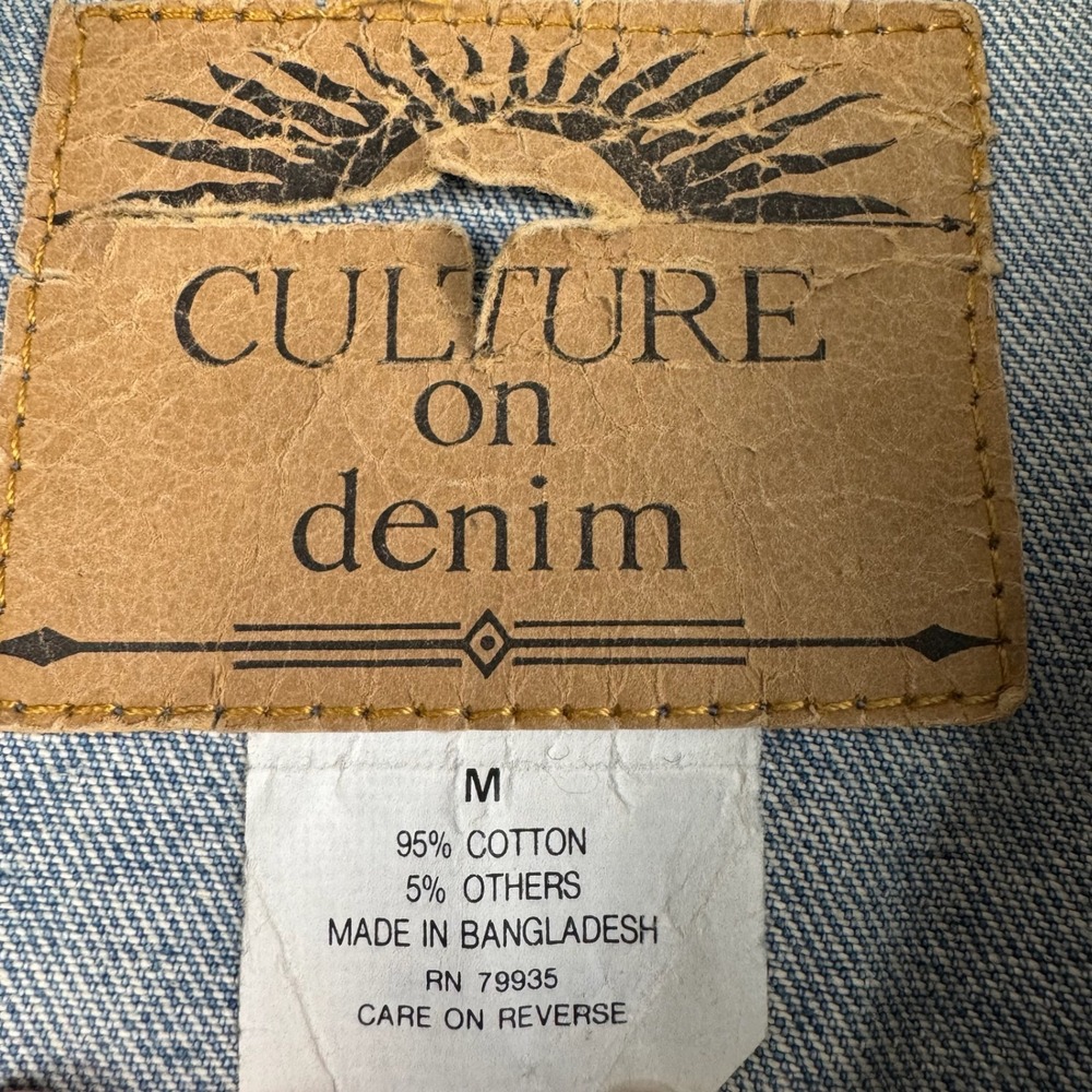 Vtg CULTURE on denim Jean Trucker Jacket Womens M Guatemalan Woven Textile Boho - Picture 5 of 16